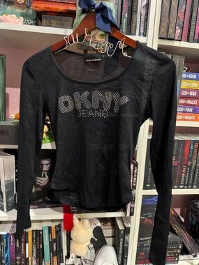 Dkny Black Long-Sleeve Scoop Neck Logo Top